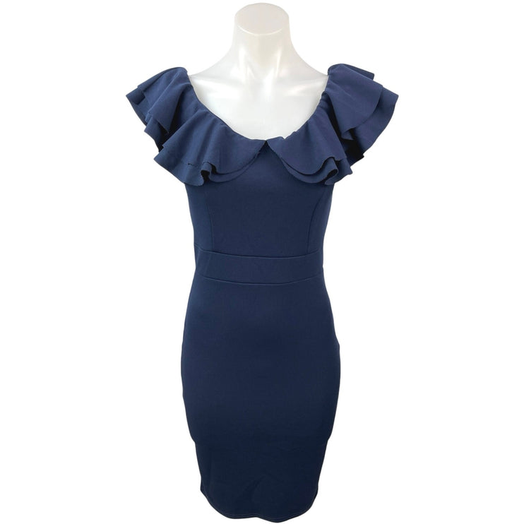 Quiz Navy Blue Ruffle Sleeve Stretch Cocktail Fitted Sheath Mini Dress Size 8