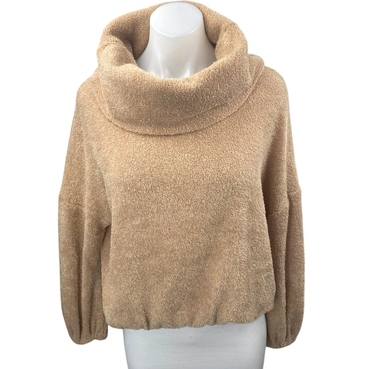 Lumiere Women's Brown Tan Fleece Cowl Neck Long Sleeve Oversized Sweater Top M