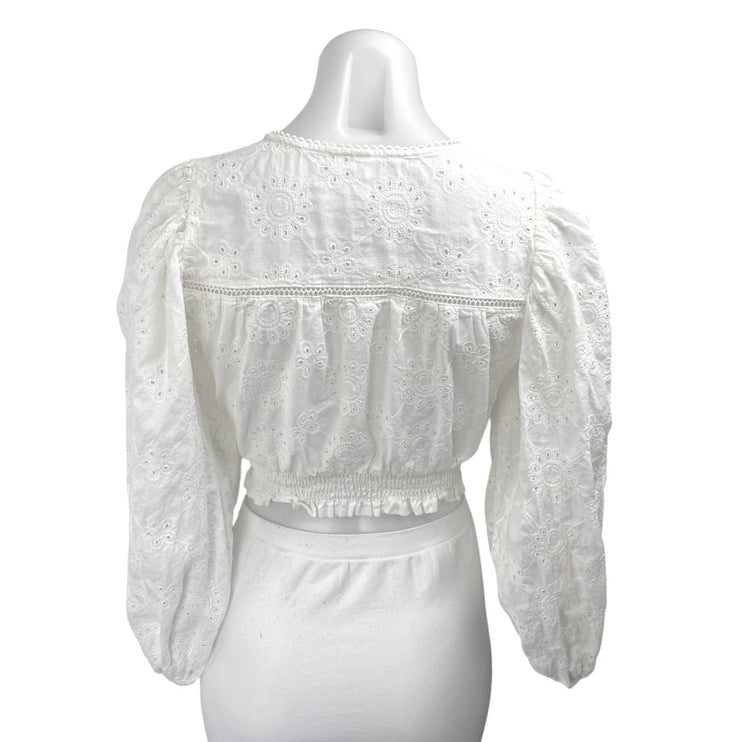 Kivary White Floral Lace Eyelet Embroidered Puff Sleeve V-Neck Crop Blouse Top 2