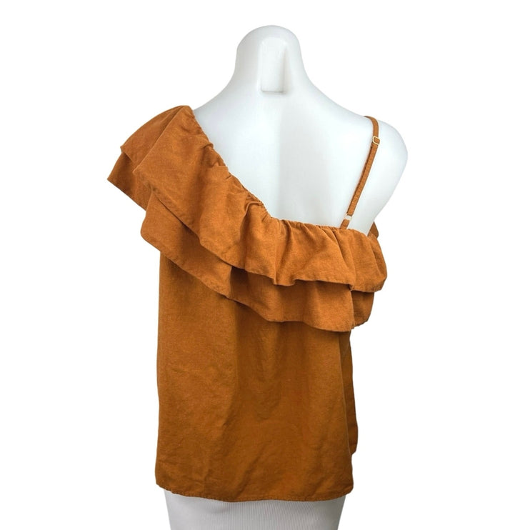 Old Navy Brown Linen One Shoulder Ruffle Tiered Sleeveless Blouse Top Size M