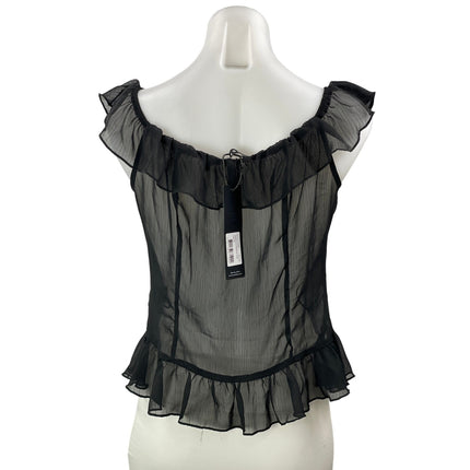 NEW Lioness Timeless Ruffle Black Sheer Mesh Scoop Neck Ruffle Blouse Top Sz L