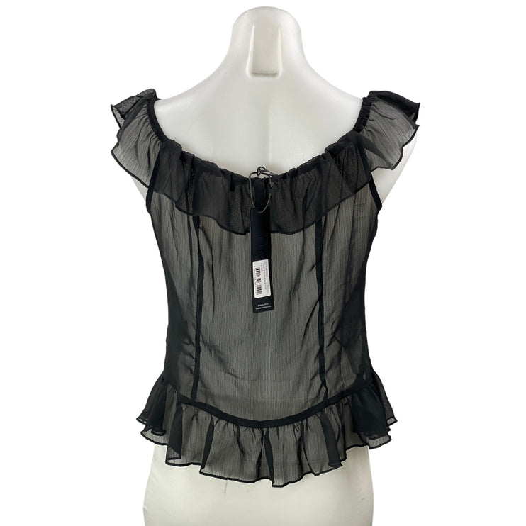 NEW Lioness Timeless Ruffle Black Sheer Mesh Scoop Neck Ruffle Blouse Top Sz L