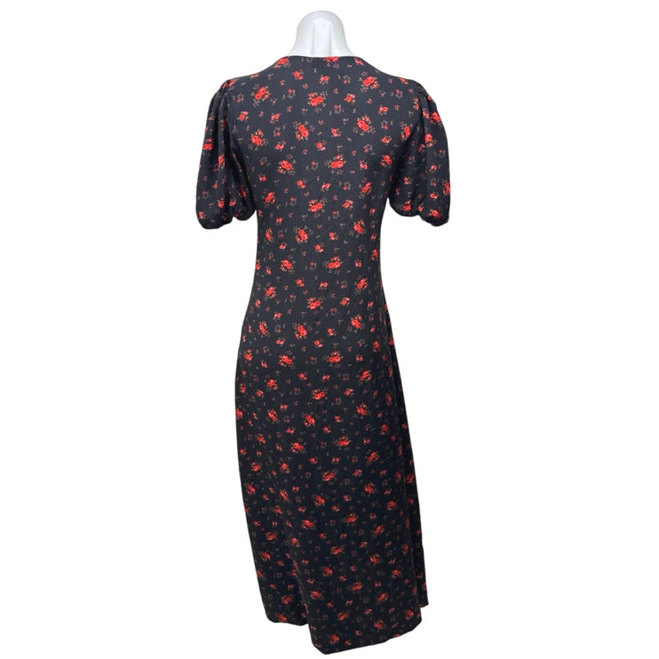 Miss Selfridge Black Floral Lace V-Neck Short Puff Sleeve Midi Shirt Dress Sz 4
