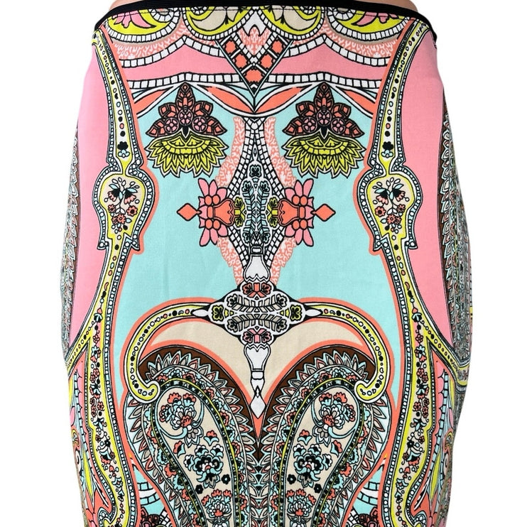 Bisou Bisou Pink Blue Paisley High Waist Pull On Stretch Pencil Midi Skirt Sz S