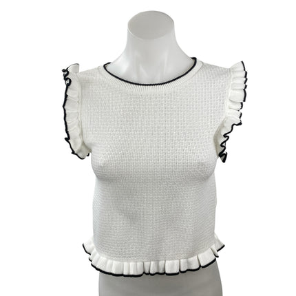 Zara Women's White Black Ruffle Sleeve Knit Round Neck Sweater Blouse Top Size S