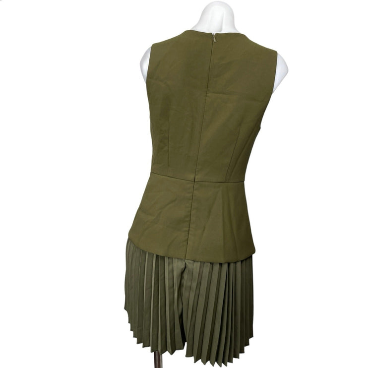 Commense Green Sleeveless Pleated Plisse Layered Mini Tank Flare A-Line Dress M