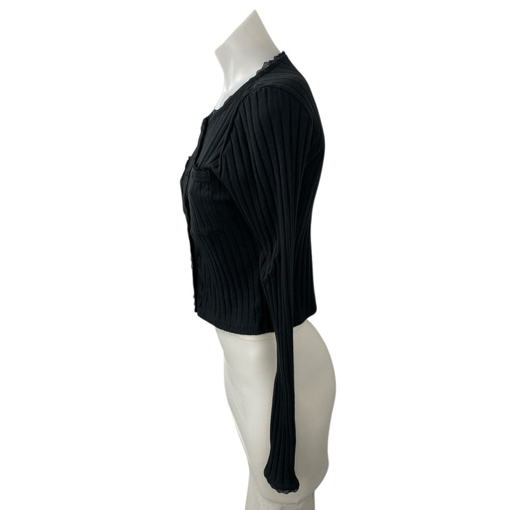 J.Crew Pointelle Black Ribbed Lace Trim Button Down Crop Cardigan Sweater Top S