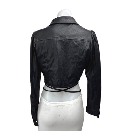 Lucy Paris Black Faux Leather Vegan Long Sleeve Tie Waist Button Up Crop Top S