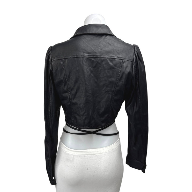 Lucy Paris Black Faux Leather Vegan Long Sleeve Tie Waist Button Up Crop Top S
