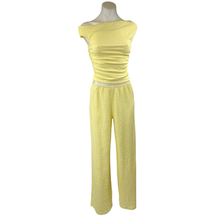 White Fox Women's Yellow One Shoulder Ruched Top & Straight Leg Pants Set Sz XS