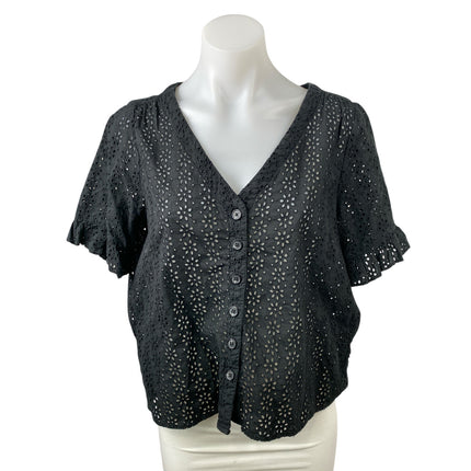 Madewell Eyelet Village Black Ruffled Short Sleeve Button Up Shirt Blouse Top S