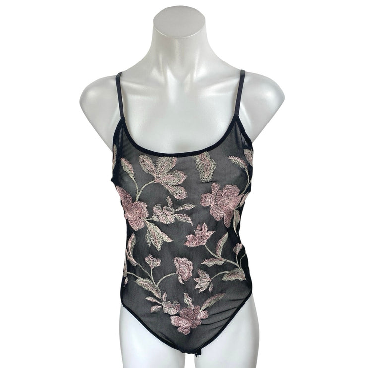 Express Black Pink Floral Embroidered Mesh Sheer Sleeveless Cami Bodysuit Top S