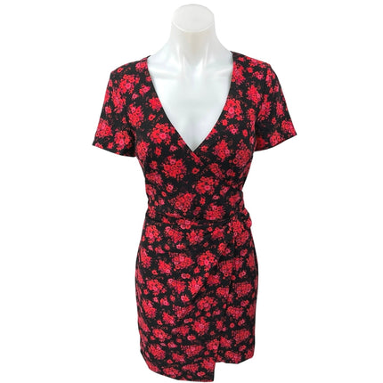 Club Monaco Esquinah Black Red Floral Short Sleeve Ruched Mini Wrap Dress Size 4