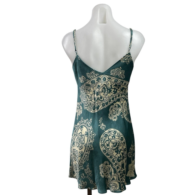 Zara Blue Silk Satin Paisley Sleeveless V Neck Mini A-Line Slip Tank Dress Sz S