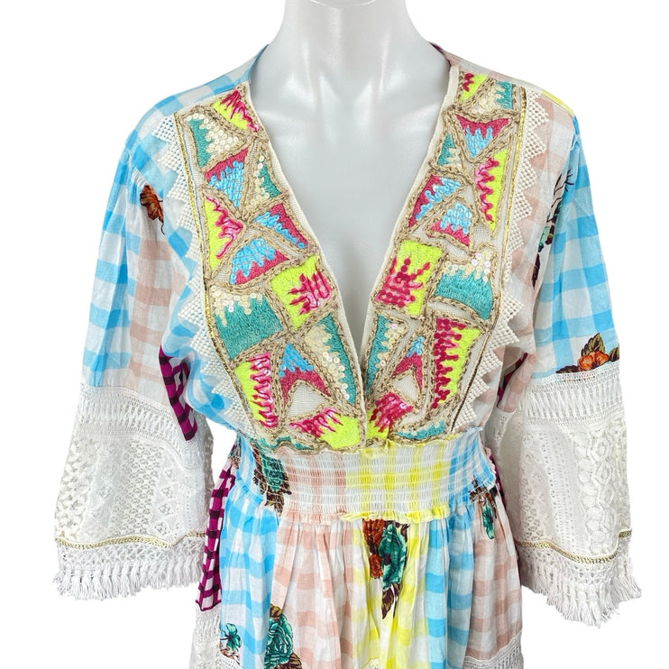 Siya Multicolor Embroidered Sequin Patchworks Checkered Mini A-Line Dress L/XL
