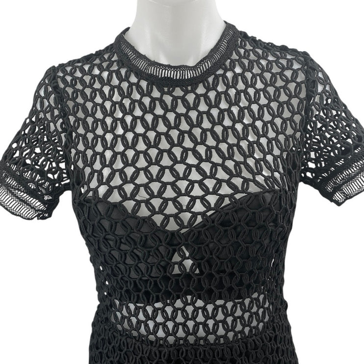 RoseLani Black Cutout Lace Overlay High Neck Short Sleeve Midi A-Line Dress Sz M