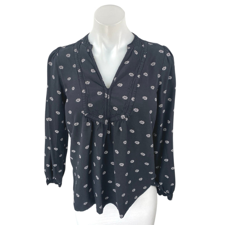 Ann Taylor LOFT Black Floral Long Puff Sleeve V-Neck Blouse Shirt Top Size XS
