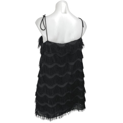 Zara Black Sleeveless Tie Strap Fringe Tiered Cami Tank Mini Shift Dress Size L