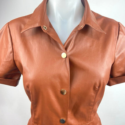 Zara Tan Brown Faux Leather Button Down Short Sleeve Pockets Midi Shirt Dress M