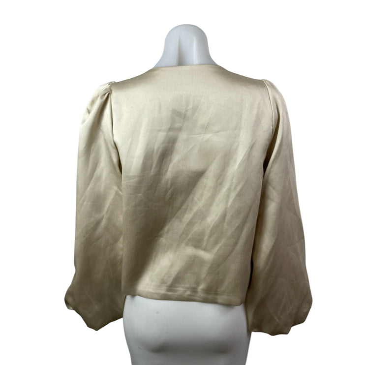 Neo Noir Daliska Dull Beige Silk Satin Long Balloon Sleeve Open Blouse Top Sz 6