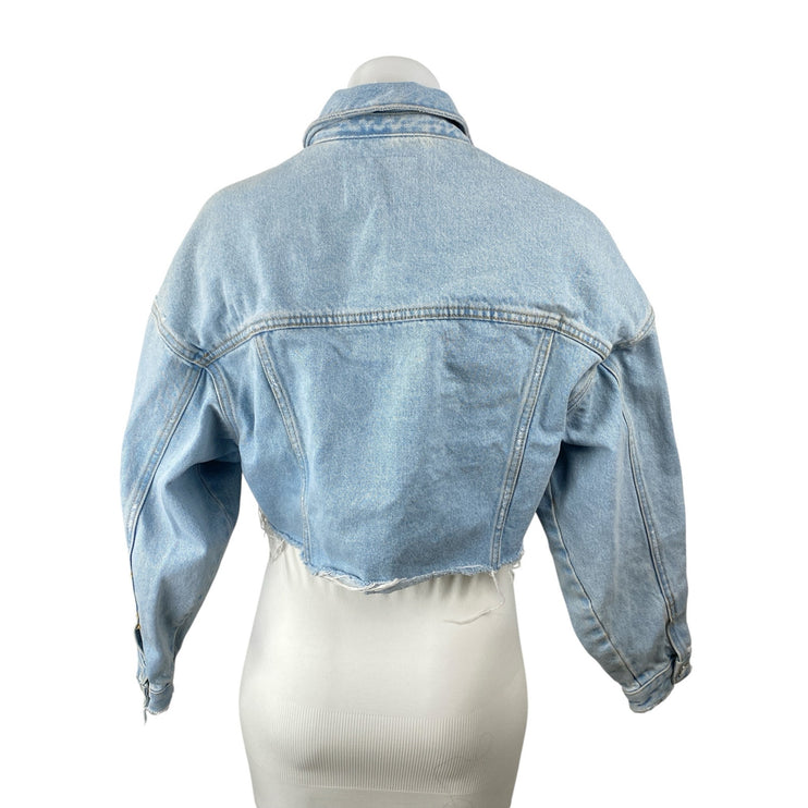 Zara Women's Blue Raw Frayed Hem Long Sleeve Collared Denim Jeans Coats Jacket S