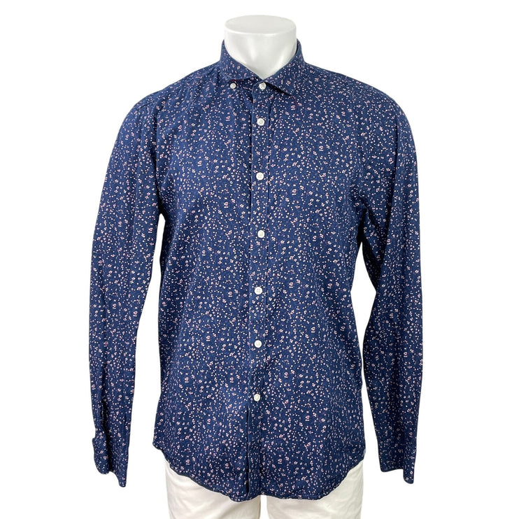 Pical Men's Navy Blue Floral Slim Fit Long Sleeve Button Down Shirt Top Size XL