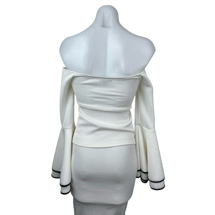 Bar III Women's White Ribbed Off Shoulder Long Bell Sleeve Crop Blouse Top XXS