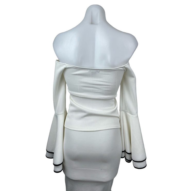 Bar III Women's White Ribbed Off Shoulder Long Bell Sleeve Crop Blouse Top XXS