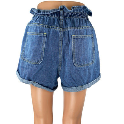 Plaid & Plain Women's Blue High Rise Paperbag Cuffed Denim Jean Shorts Size M