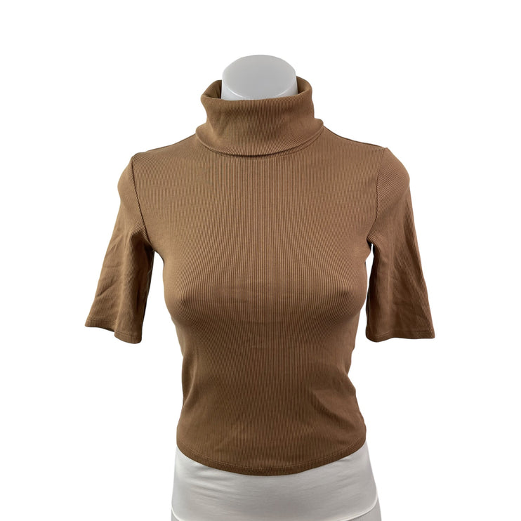 Zara Women's Brown Ribbed Turtle Neck Short Sleeve Slim Sweater T-shirt Top Sz S