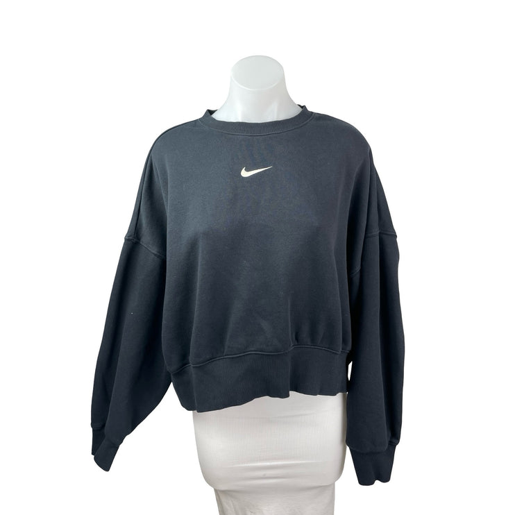 Nike Women's Black Swoosh Logo Long Sleeve Crew Neck Cropped Sweatshirt Top M