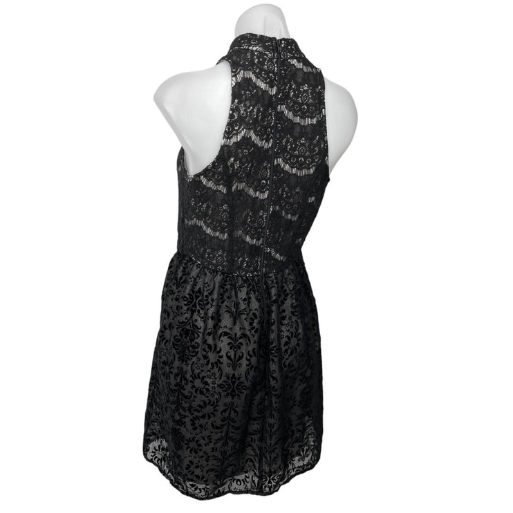 Xhilaration Black Lace Floral Embroidered High Neck Fit & Flare Mini Dress Sz M