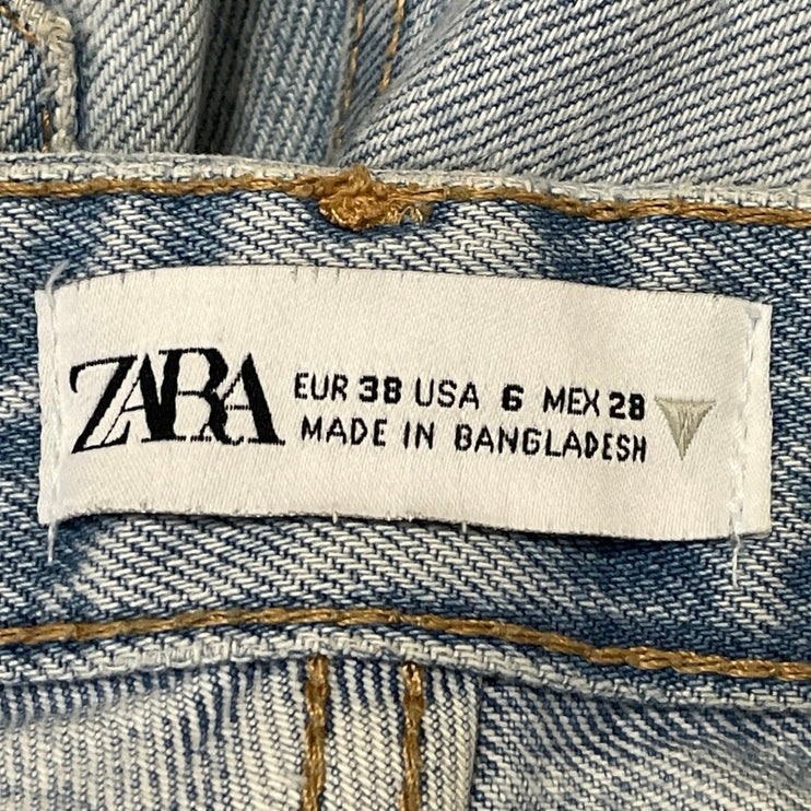 Zara Womens Blue Light Wash Distressed Rip Baggy Wide Leg Denim Jeans Pants Sz 6