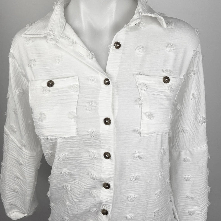 Women's White Fringe Chest Pocket Long Sleeve Button Down Shirt Top One Size