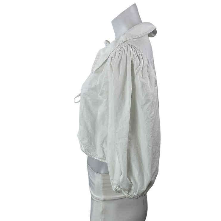 Zara Women's White Tie Bow Collared Long Sleeve Blouse Cropped Shirt Top Size M