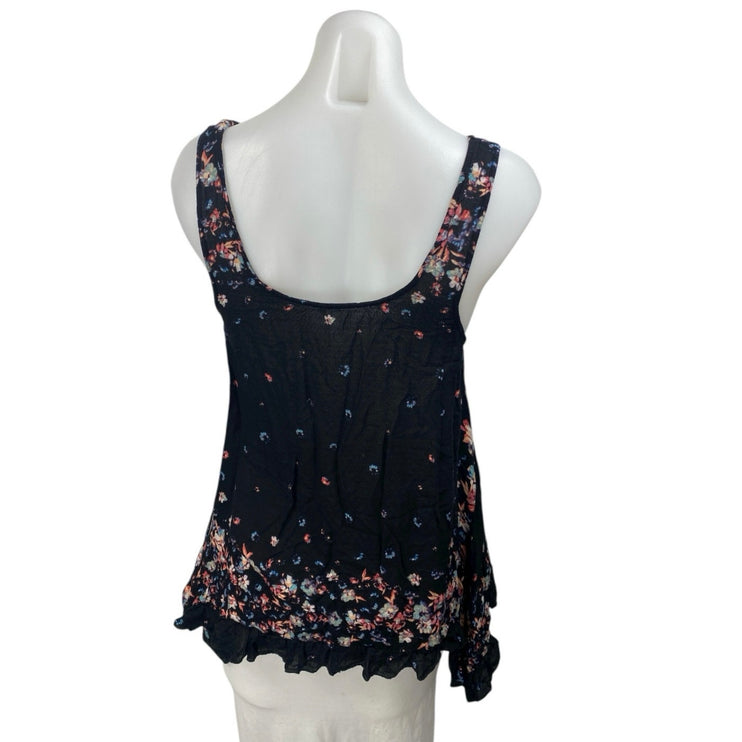 Free People Black Floral Print Sleeveless Ruffled Asymmetrical Tunic Tank Top XS