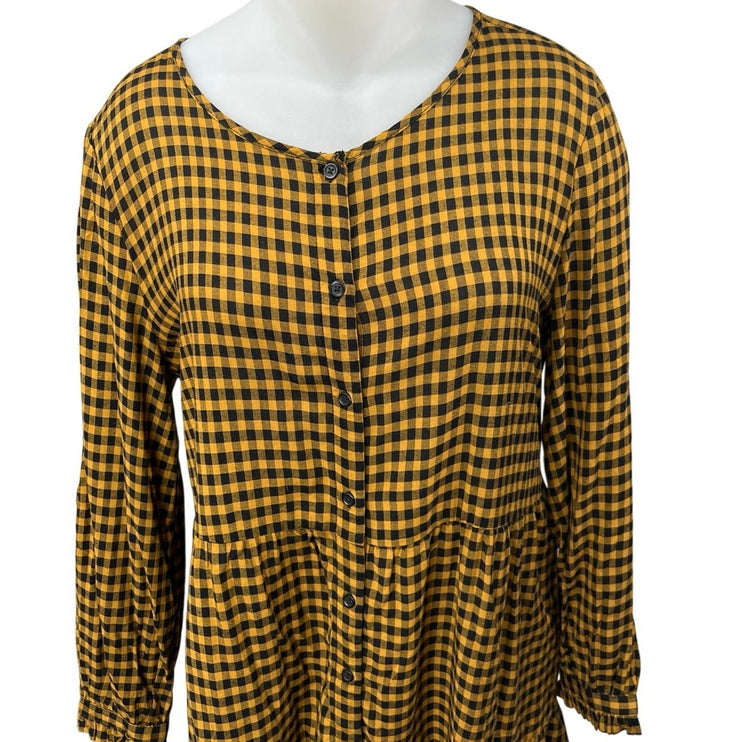 BeachLunchLounge Yellow Gingham Check Long Sleeve Ruffle Button Up Mini Dress XL