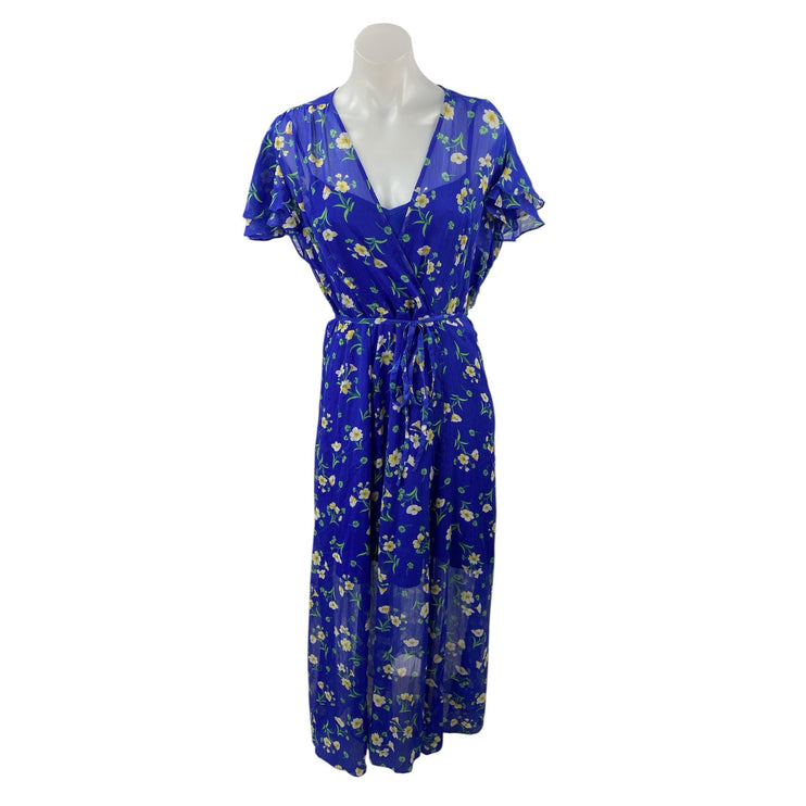 French Connection Jasmine Blue Floral V Neck Wrap Midi Tea A Line Dress Size XL