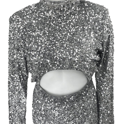 PrettyLittleThing Silver Sequin Long Sleeve Cutout Zip Mini Bodycon Dress Sz 16