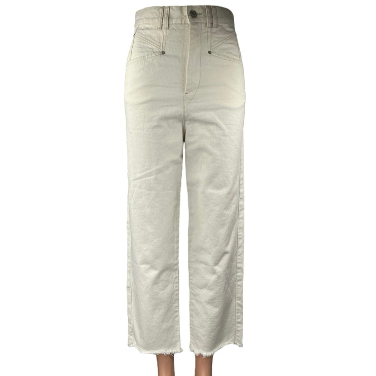 Isabel Marant Women's Cream Raw Hem High Rise Wide Leg Cropped Denim Jeans Sz 34