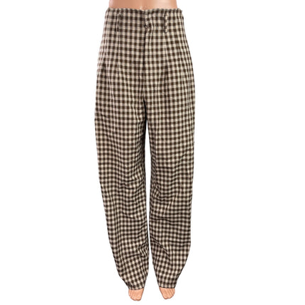 12Th Tribe Women's Brown Gingham Check Wide Leg Baggy Trousers Pants Size S