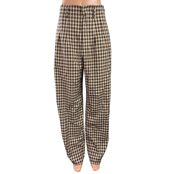 12Th Tribe Women's Brown Gingham Check Wide Leg Baggy Trousers Pants Size S