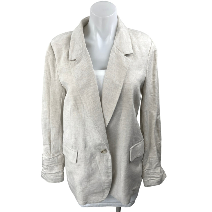 Aqua Beige Linen Notch Lapel Pocket Single Button Blazer Coat Jacket Size S