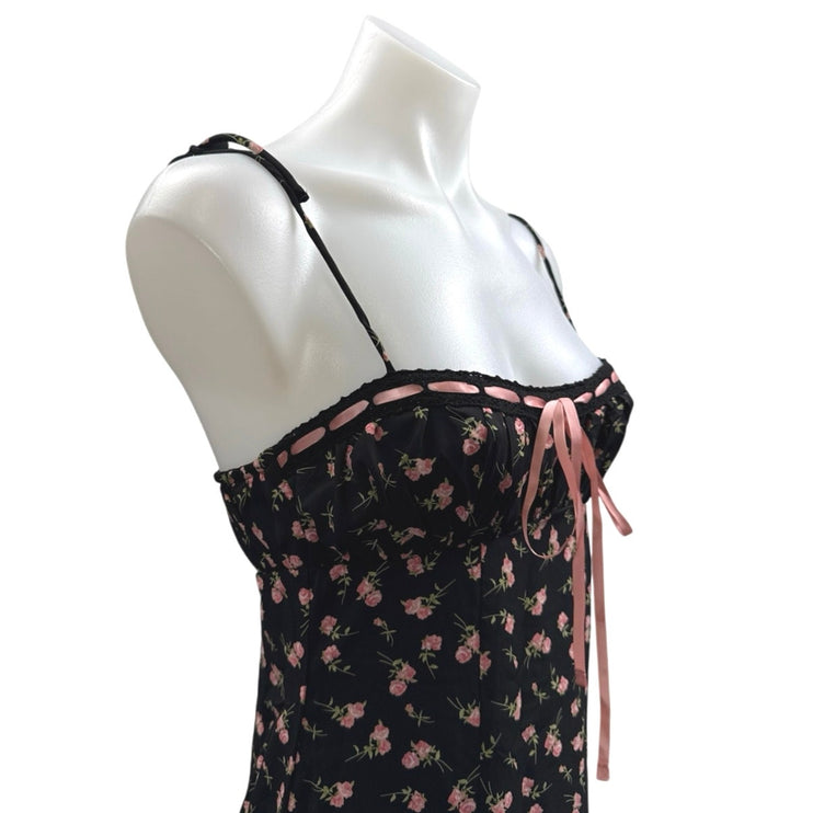 Urban Outfitters Kiss The Sky Black Floral Slit Bustier Cami Midi Slip Dress XS