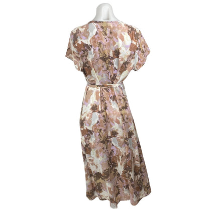 Halogen Beige Multicolor Floral Short Flutter Sleeve V Neck Wrap Maxi Dress Sz 1