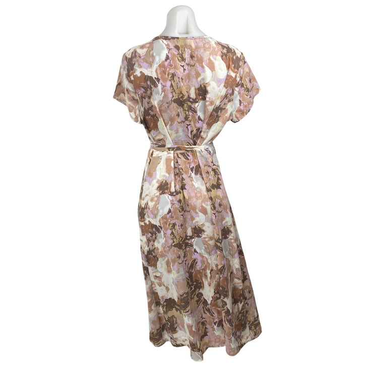 Halogen Beige Multicolor Floral Short Flutter Sleeve V Neck Wrap Maxi Dress Sz 1