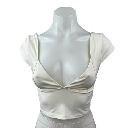Free People Intimately Ivory Cap Sleeve Deep V Neck Open Back Y2k Crop Top Sz S