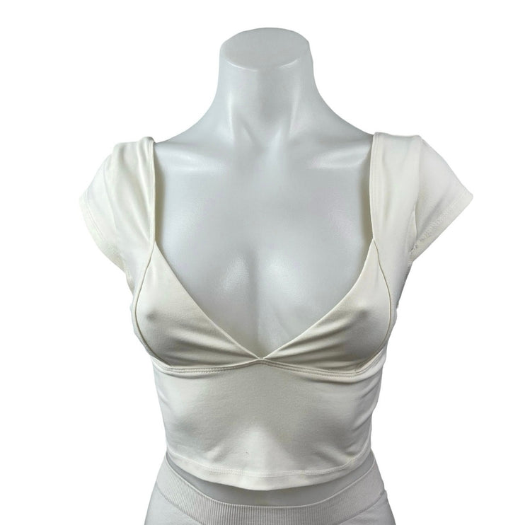 Free People Intimately Ivory Cap Sleeve Deep V Neck Open Back Y2k Crop Top Sz S