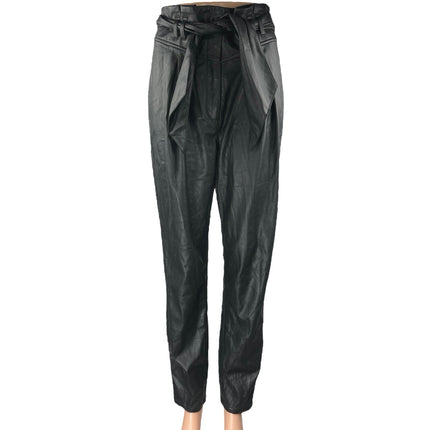 For Love & Lemons Dillon Black Faux Leather Belted Trousers Paperbag Pants Sz S