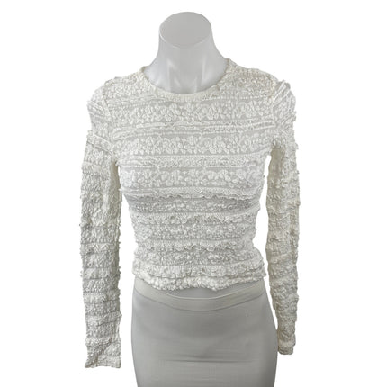 Edikted Women's White Floral Lace Long Sleeve Crew Neck Cropped Blouse Top Sz S
